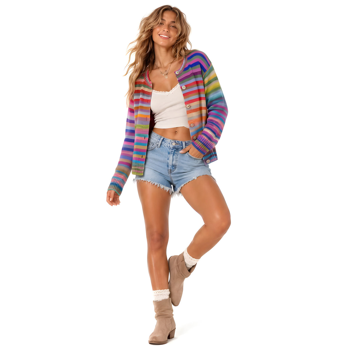 Rainbow Striped Women's Knit Cardigan