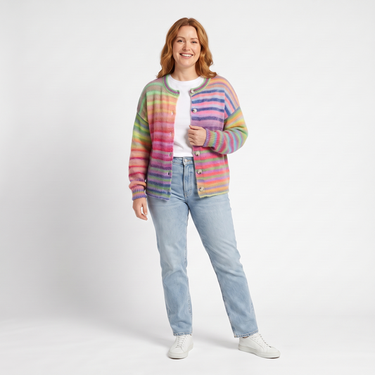 Woman in a rainbow striped knit cardigan, white tee and jeans